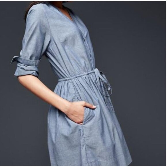 GAP V-Neck Chambray Shirt Dress Women's Size 6 Built in Drawstring Cinch Waist A - Picture 3 of 11